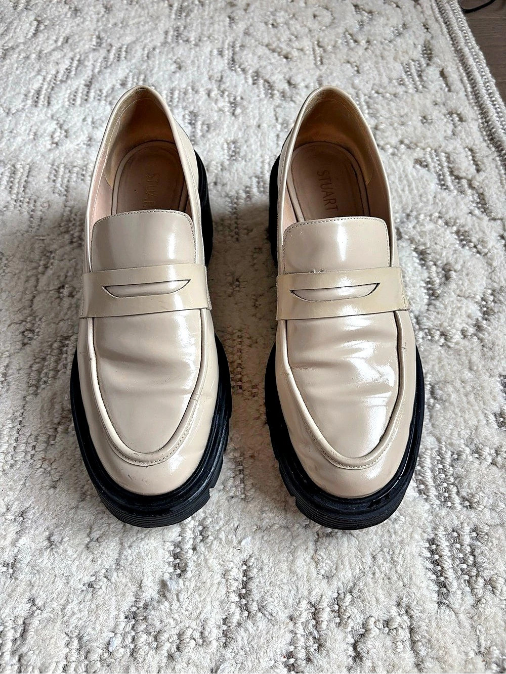 Stuart Weitzman Soho, block heel lug sole loafer, cream - size 9
